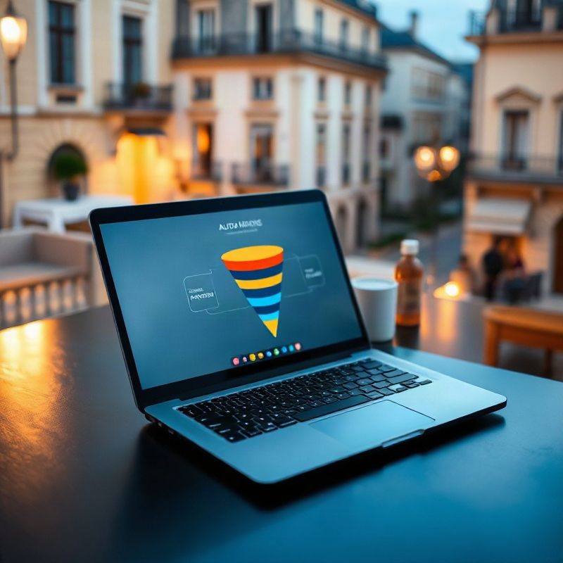 Cuaderno, tablet con embudo de conversión y flujo de automatización