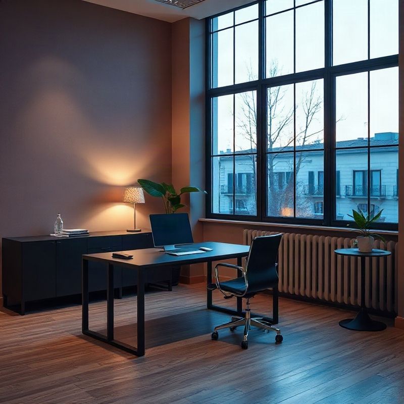 Oficina minimalista en La Plata con luz azul de tarde